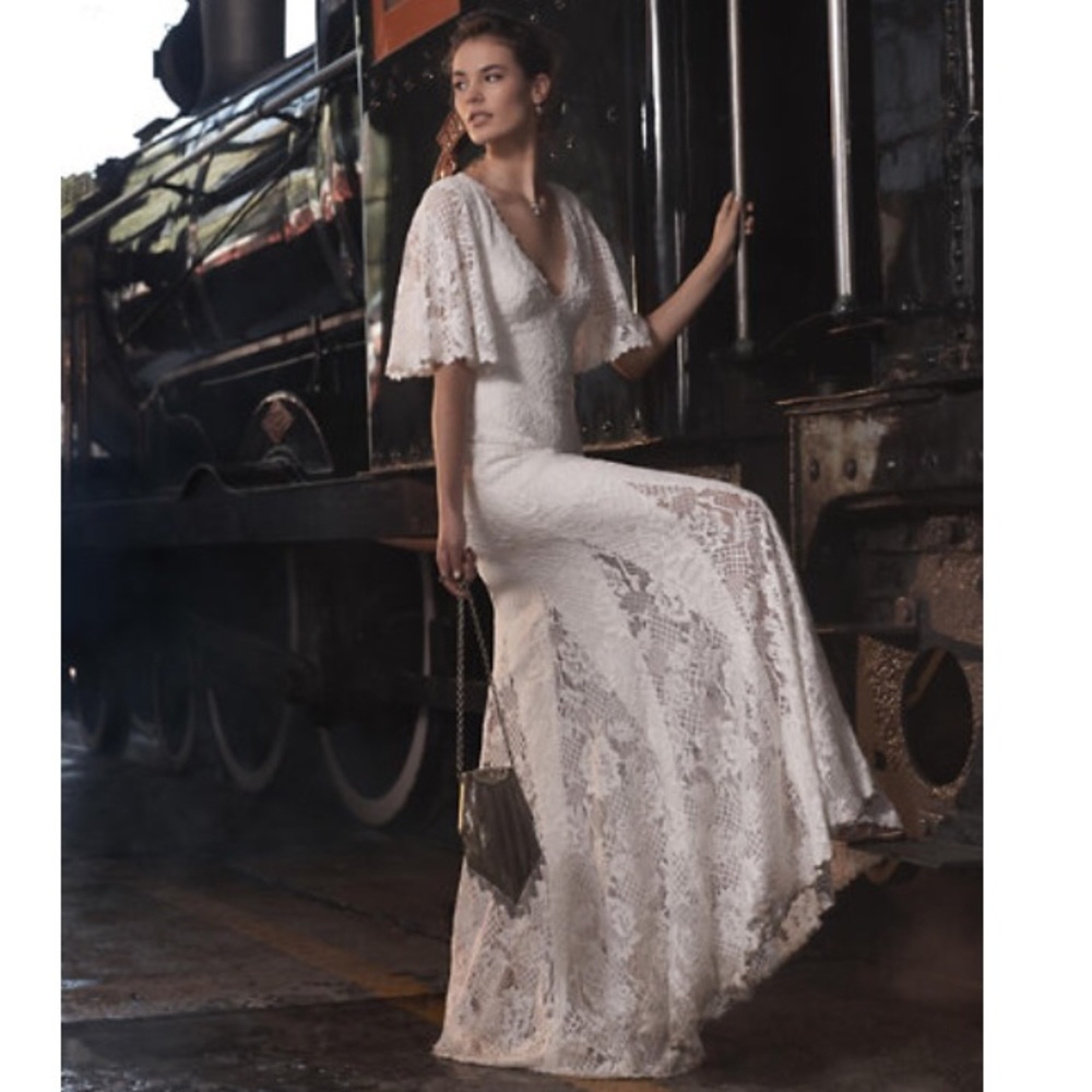 Anthropologie White Lace Bridal Gown with Flutter Sleeves